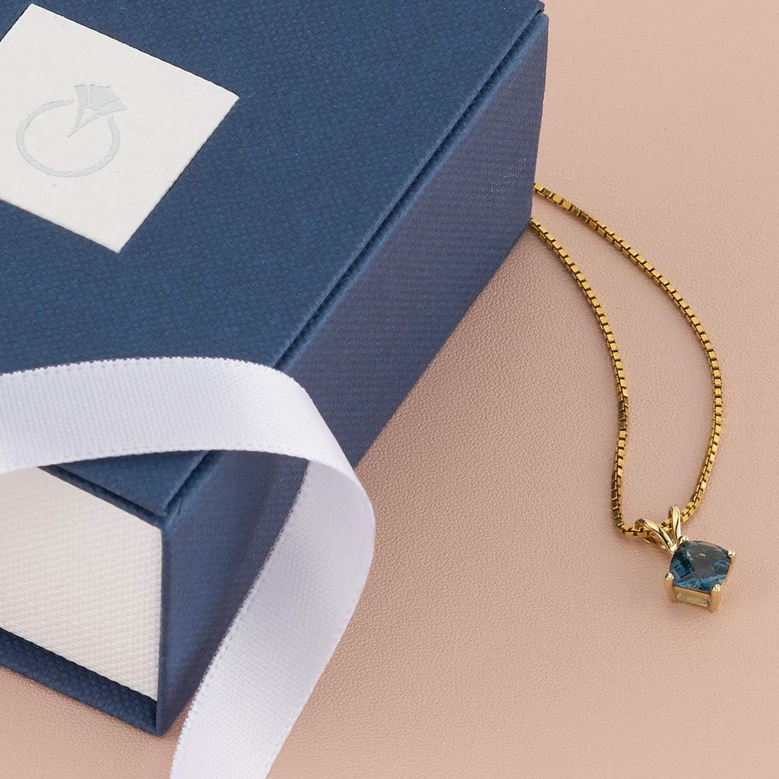 PEORA London Blue Topaz Pendant for Women 14K Yellow Gold, Classic Solitaire, 1 Carat Cushion Cut 6mm, AAA Grade, December Birthstone Necklace, Gold Necklace, w/Jewelry Box