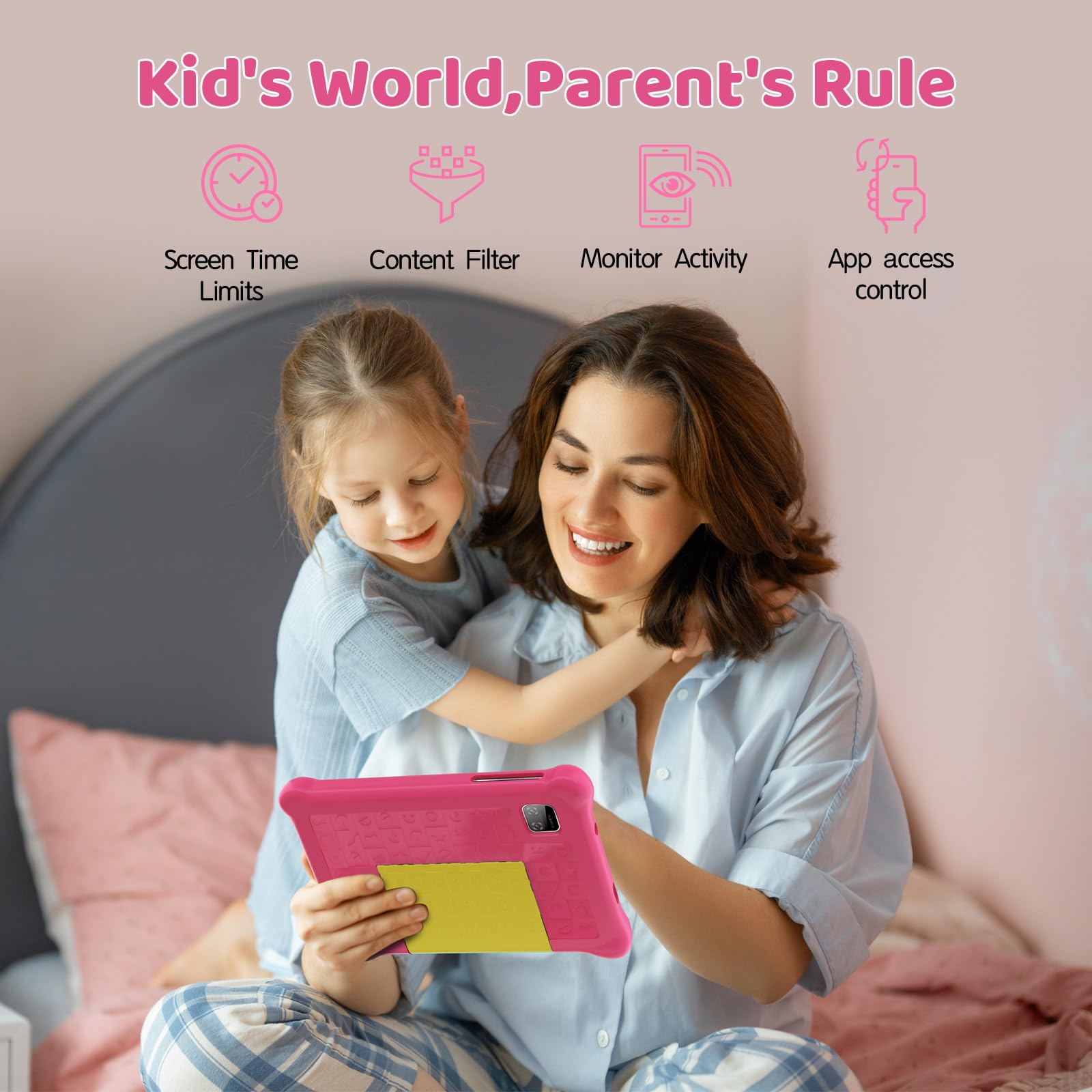 Yicty Tablet dla dzieci 7 cali, system Android z kontrolą rodzicielską i edukacją dzieci, Bluetooth, WiFi, podwójny aparat, GMS, pokrowiec odporny na wstrząsy (różowy)