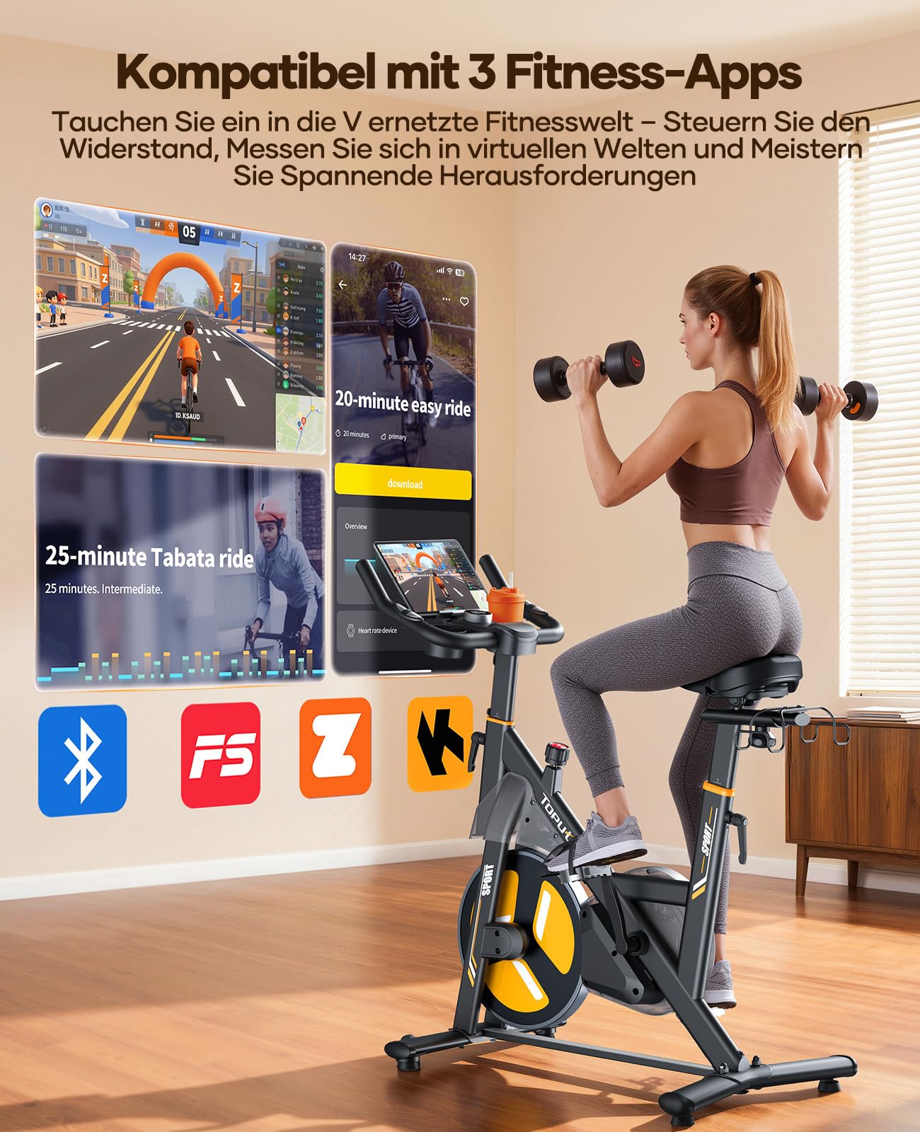 Toputure Neu Heimtrainer Fahrrad mit Elektr. LED-Touchmonitor & App, Herzfrequenzmessung, 32 Elektr. Magnetwiderstand Hometrainer, Leiser Ergometer, Dopp. Flaschenhalter, Langhantelständer, Bis 150kg