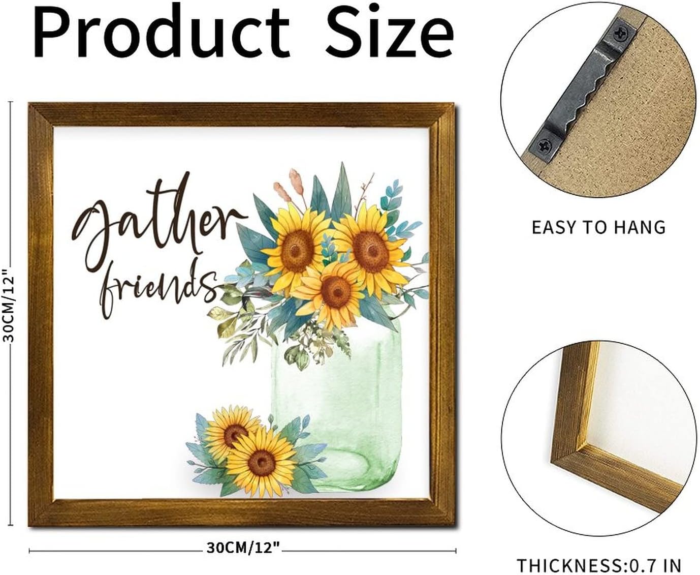 Gather Friends Framed Wooden Signs Spring Sunflower Flower in Kettle Hanging Sign Farmhouse Blossom Floral Wooden Wall Art Decor for Home Office Kitchen Bathroom Bedroom 12x12 inch