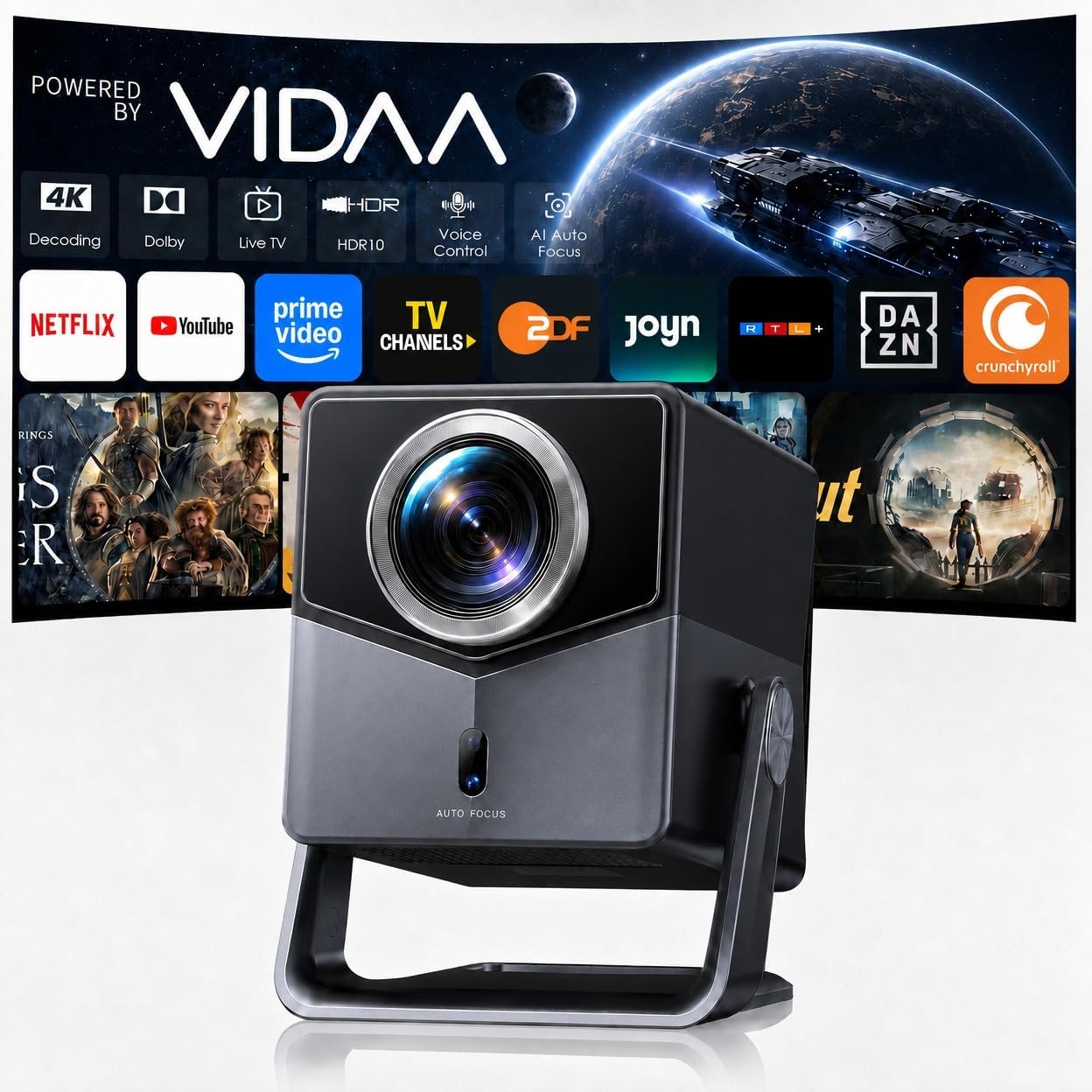 50,00€ Coupon! Beamer 4K [Schnellste VIDAA OS] Kompatibel mit Netflix & Dolby Audio, 1400ANSI 1080P Smart Beamer Heimkino Autofokus Trapezkorrektur, WiFi 6 & Bluetooth 5.4, 200°Drehbar Tragbarer Outdoor Projektor