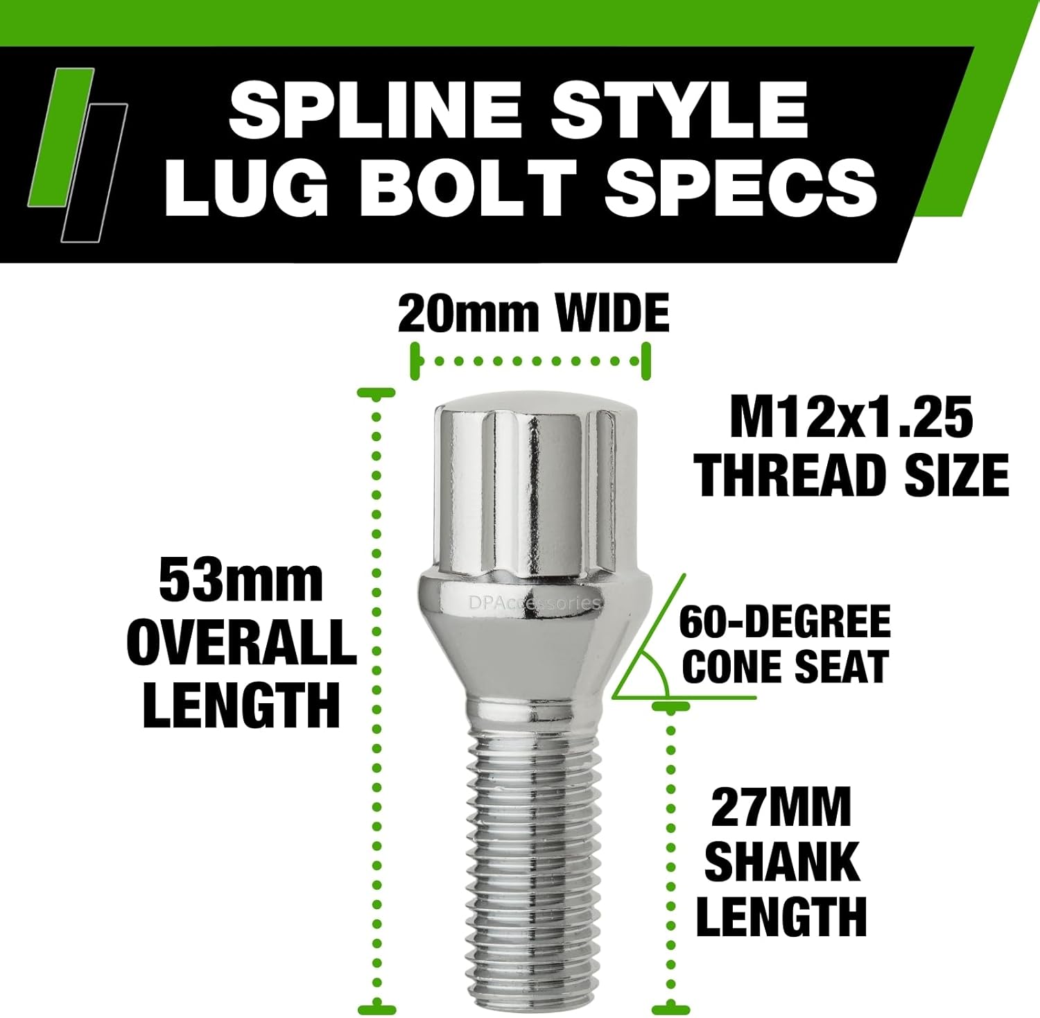 DPAccessories Chrome M12x1.25 Lug Bolts for Aftermarket Wheels | Spline Bolt | 27mm Shank | Set of 20 | BS27K1HC-CH04020
