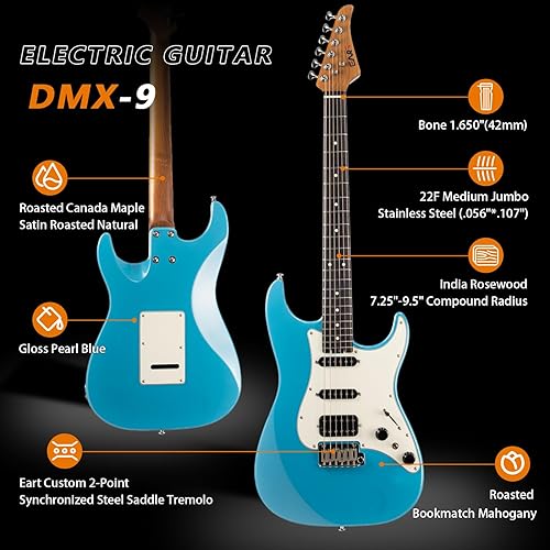 Miniatura 2 de EART Guitarra eléctrica DMX-9, puente de trémolo de 6 cuerdas, pastillas Humbucker, cuerpo sólido, guitarras con interruptor de 5 vías (azul perla