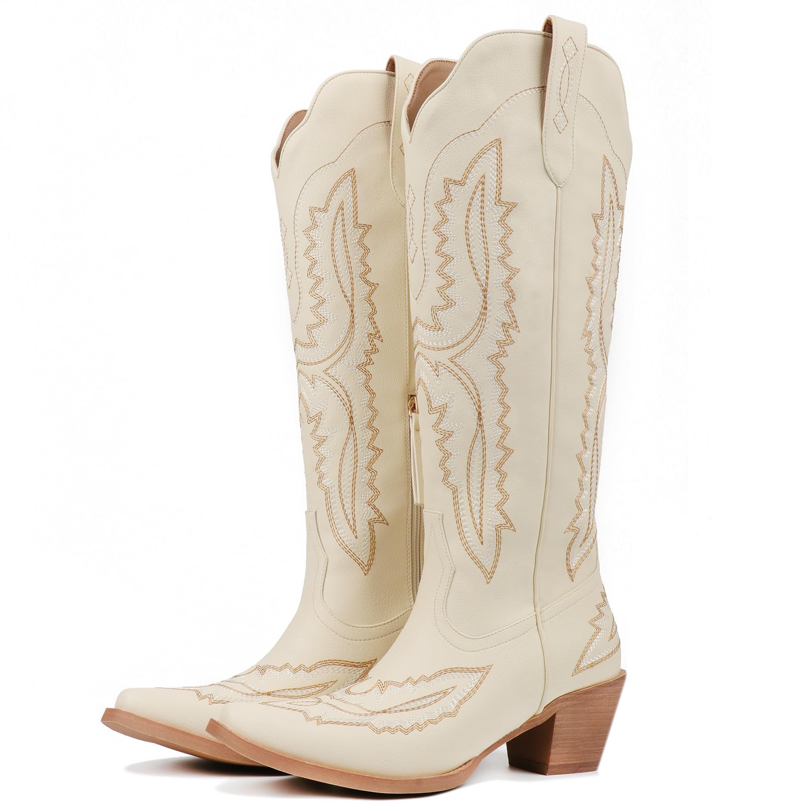 Meefit Cowboy Boots for Women Knee High Cowgirl Boots Pointed Toe Chunky Heel Western Boots Retro Country Boots