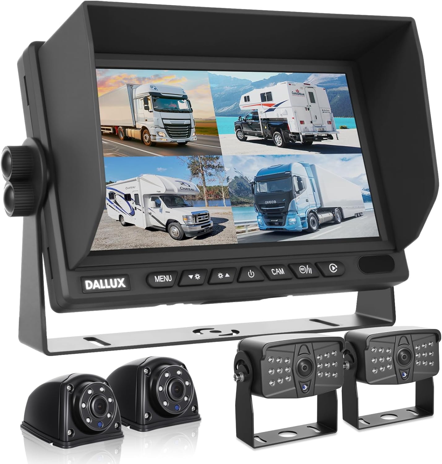 Truck Backup Camera System with 7" Monitor Built-in DVR Recorder for RV Semi Truck Trailer Motorhome,Quad Split Screen 4 Channel 1080P HD Waterproof Rear & Side View Rearview Camera Kit