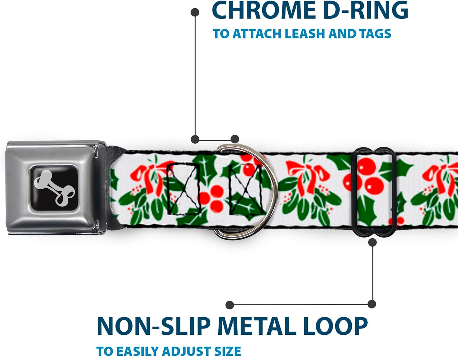 Dog Collar Seatbelt Buckle Holly Mistletoe 18 to 32 Inches 1.5 Inch Wide