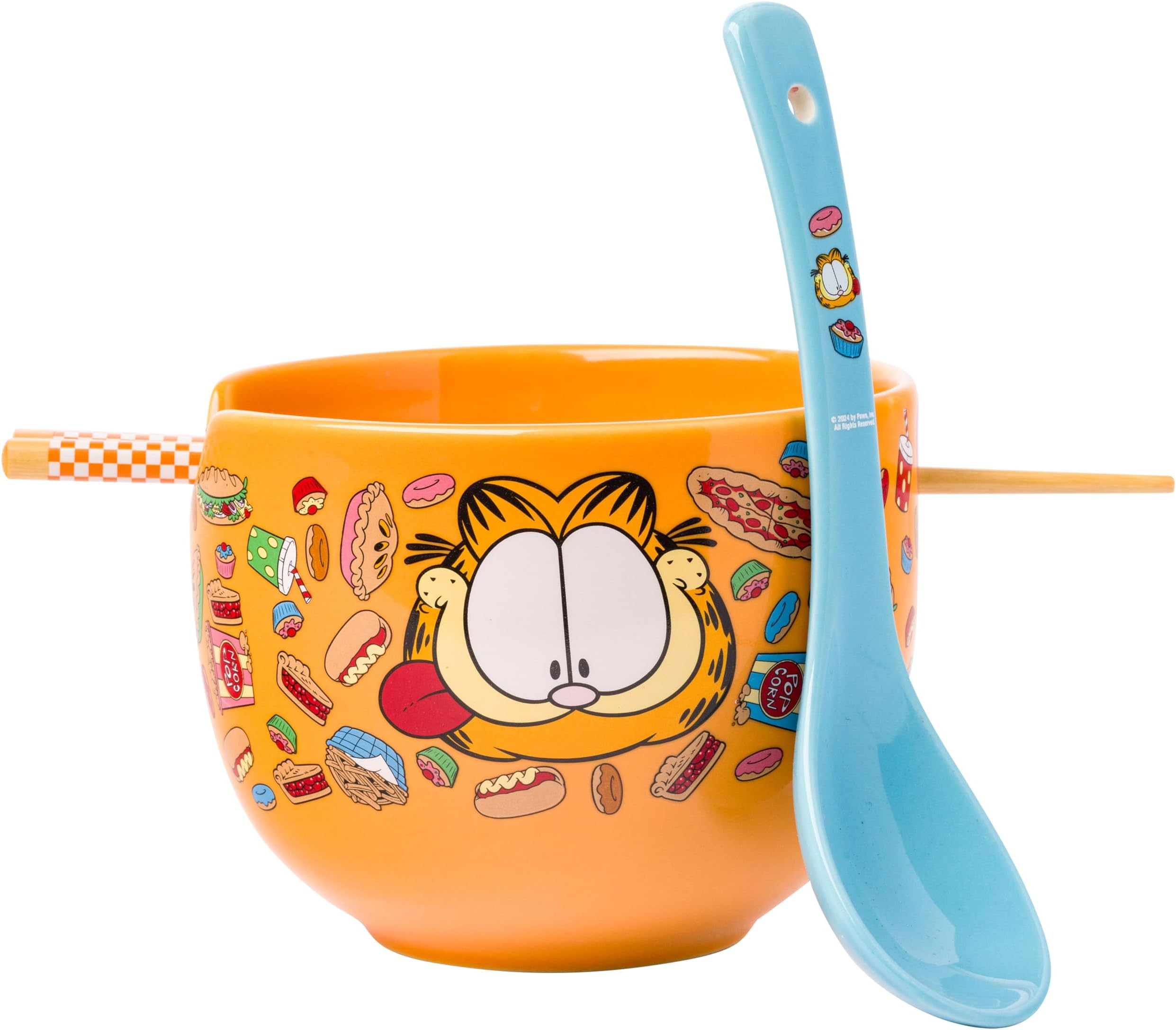 Garfield Junk Food Pattern Ceramic Ramen Bowl w/Chopsticks and Spoon, 20 Ounces