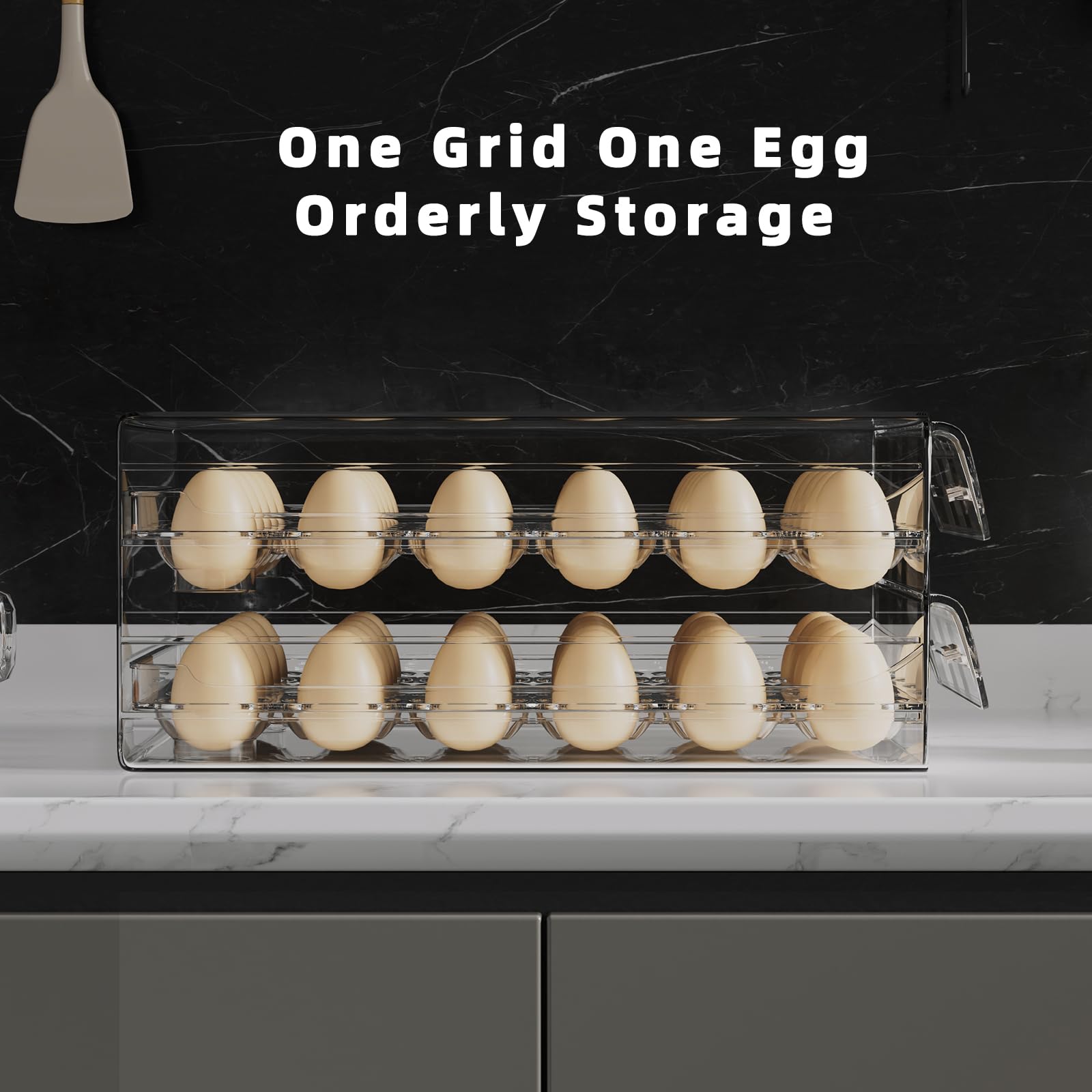 Soporte transparente para 60 huevos para refrigerador, contenedor de alta capacidad con escala de tiempo, dispensador organizador apilable para refrigerador con cajones (2 capas, 11.6 x 10.2 4