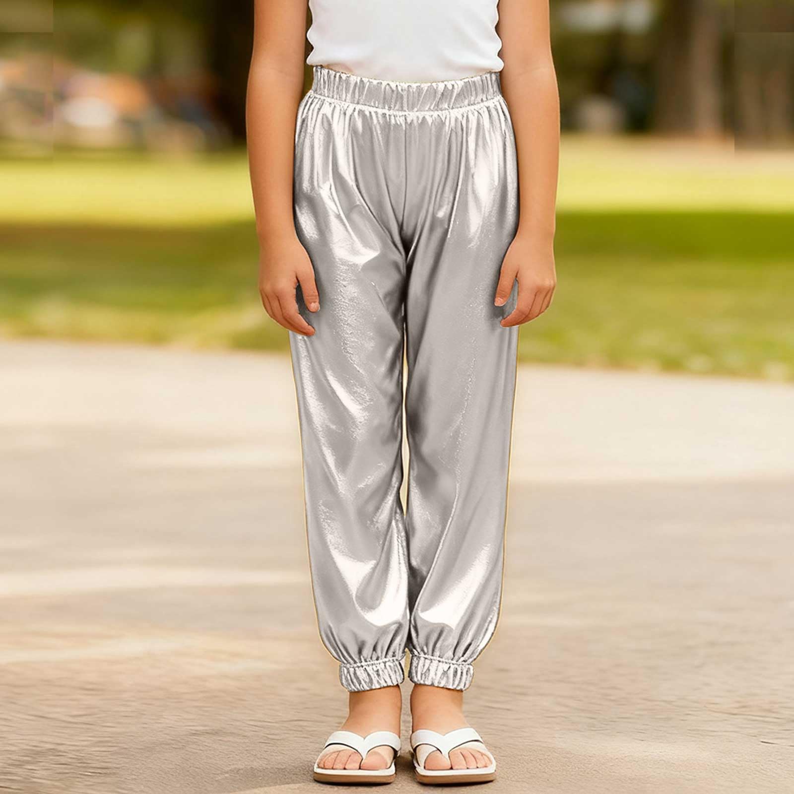 Kinder Glänzend Metallic Hose Mädchen Jungen Glitzer Silber Gold Hosen Tanzhose Glitzerhose High Waist Metallisch Paillettenhose Karneval Kostüm Party Disco Hose Glitzer Elastisch Hip Hop Tanzhose