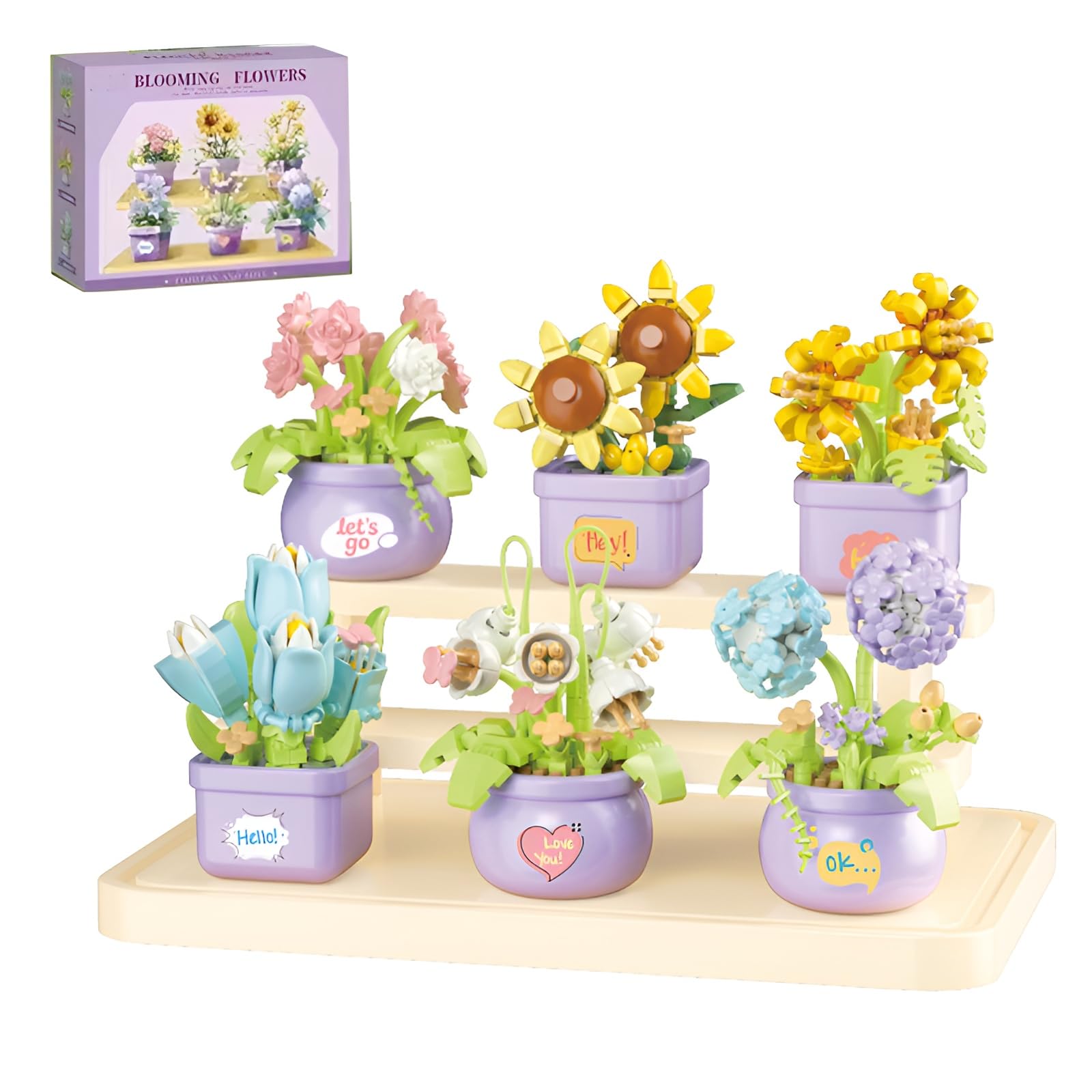 DzirePada Potted Flower Building Blocks Set, 6 Pack DIY Succulent Bouquet Plant Model Kit, Artificial Forever Floral Bonsai Bricks for Home Office Decor, Idea Gifts for Adults & Teens（647PCS