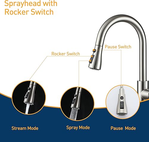 Miniatura 4 de Grifos de fregadero de cocina de níquel cepillado con rociador extraíble, grifo de cocina de arco alto de una sola manija con placa de cubierta,