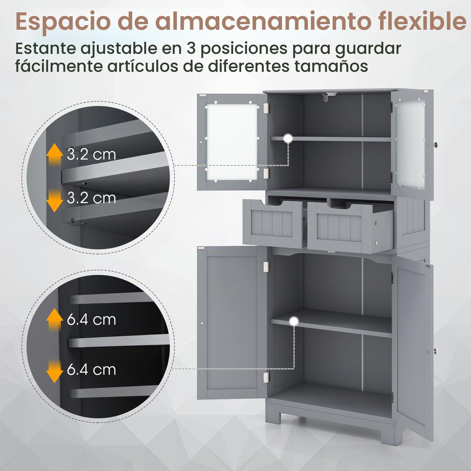 GIANTEX Mueble de Baño con 4 Puertas, Armario de Suelo con 2 Cajones y 2 Estantes Ajustables, Kit Antivuelco, 60 x 30 x 128 cm, Mueble de Almacenamiento para Salón, Dormitorio (Gris)