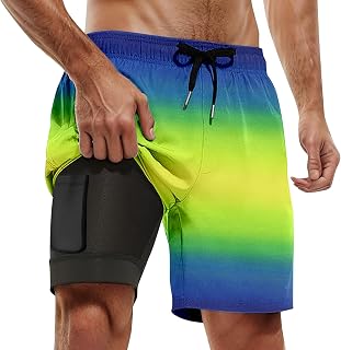 Foweknow Pantalones cortos de baño para hombre con forro de degradado de color, pantalones cortos de playa ligeros, transpirables, de secado rápido, cintura elástica, cordón, bañadores, amarillo, S
