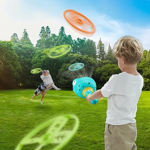 Miniatura 4 de Juguetes para edades de 5 a 7 años, juguetes al aire libre para niños de 4 a 8 años, 2 lanzadores de discos, 16 discos, divertido juego familiar al