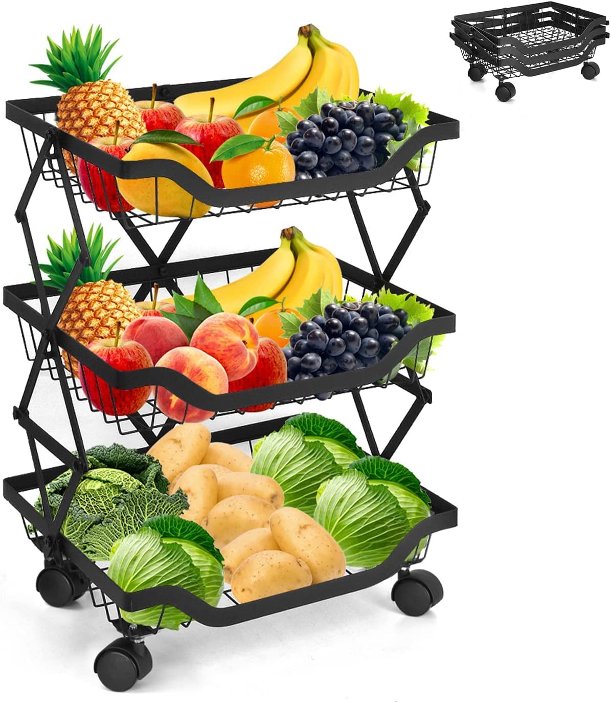 MORPICH® Foldable Vegetable Fruit Basket with Lockable Wheels, 3 Tier