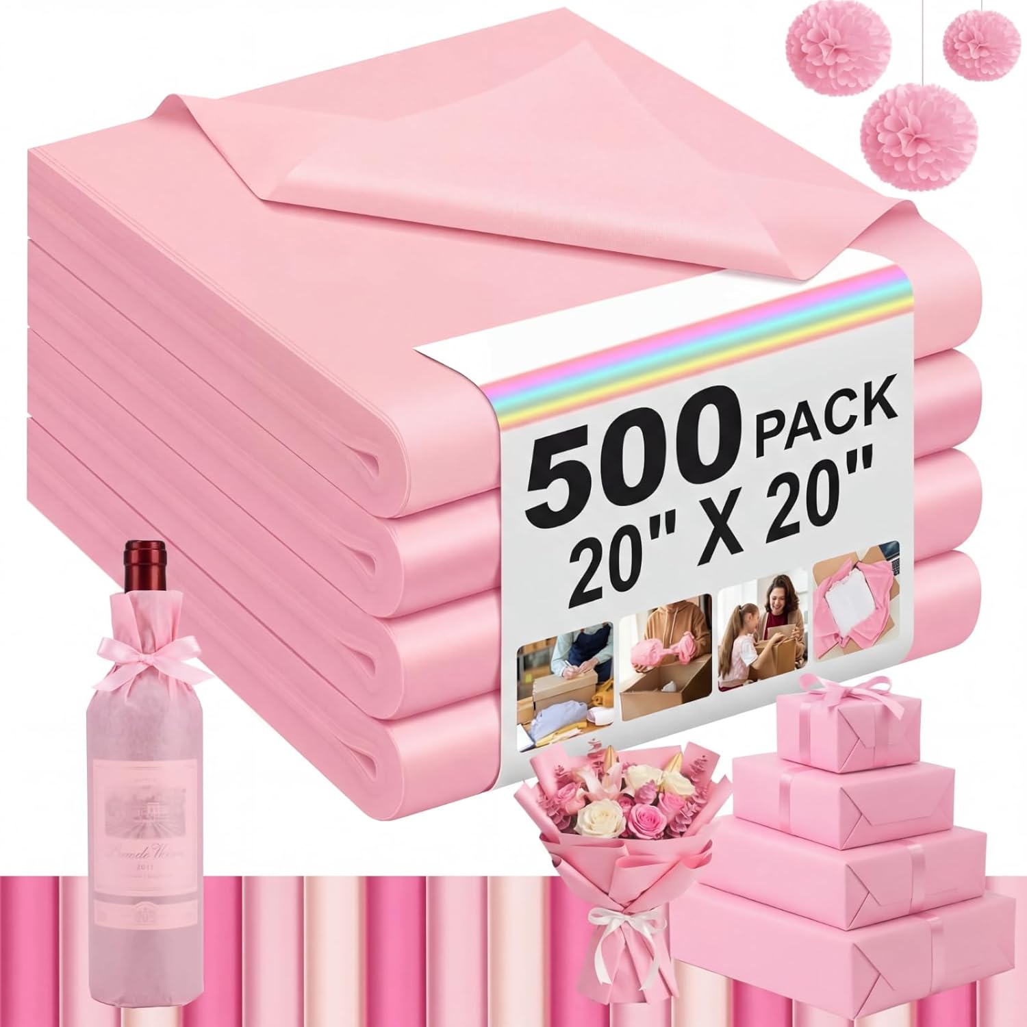 Qilery 500 Sheets Blush Pink Tissue Paper Bulk for Gift Bags 20 x 20 Inch Acid Free Wrapping Paper Sheets for Wedding Decor Bridal Shower Flower Packaging Wrapping Mother's Day Decoration DIY Crafts