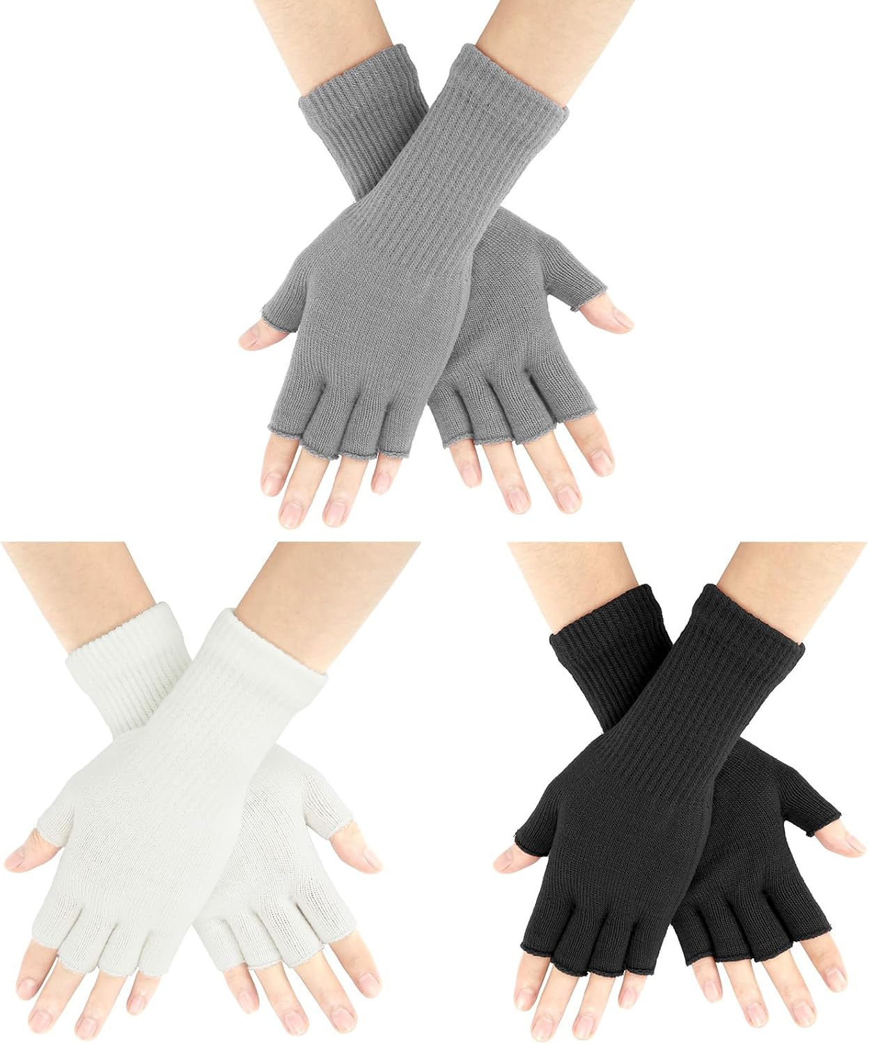AURUZA 3 Pair Fingerless Gloves for Women Half Finger Gloves Winter Stretchy Knit Fingerless Mittens Unisex