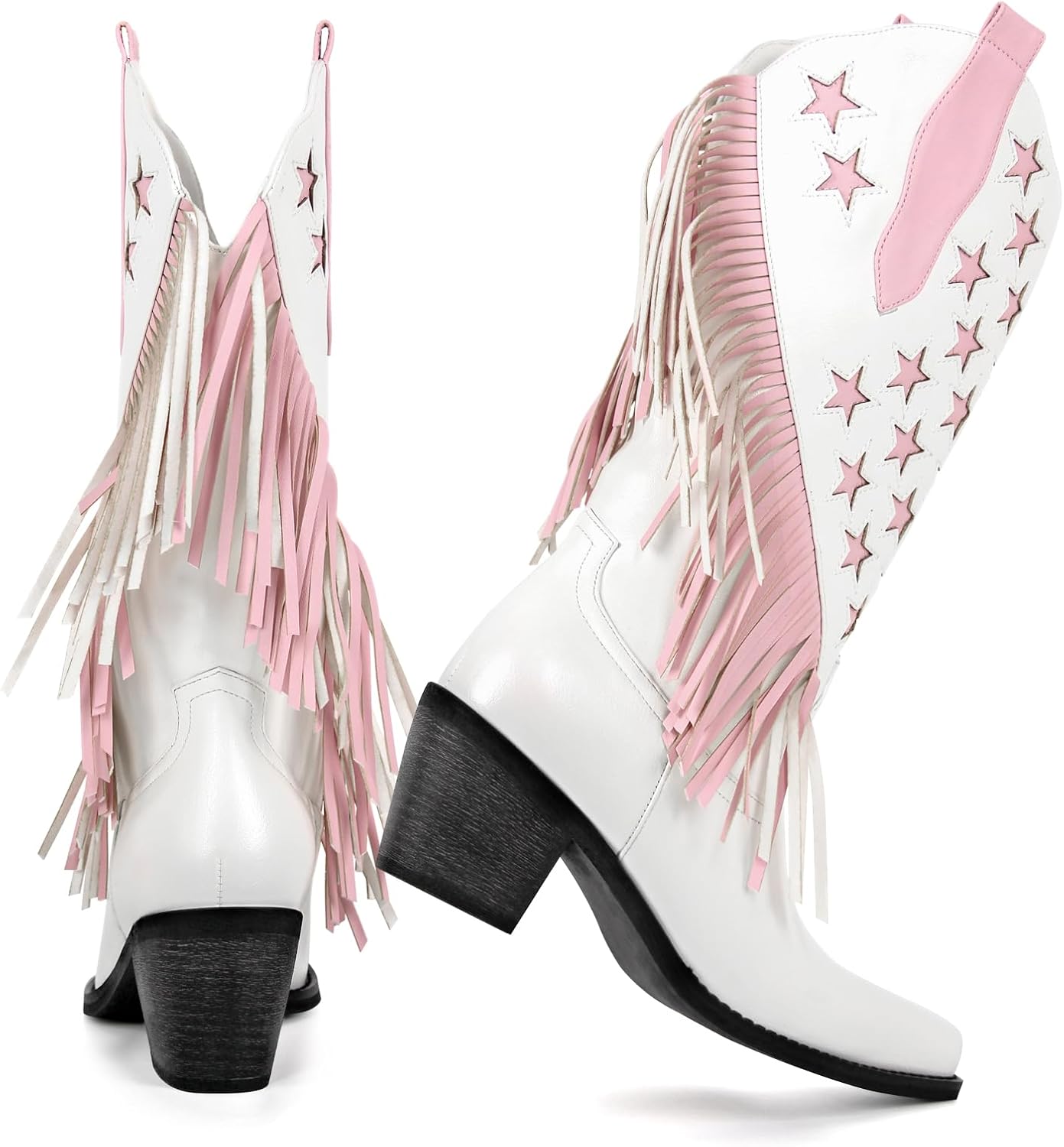 richealnini Mid Calf Fringe Cowboy Boots Glitter Rhinestone Western Cowgirl Boots with Tassel Pull On Stacked Heels Prom Wedding Shoes Dressy