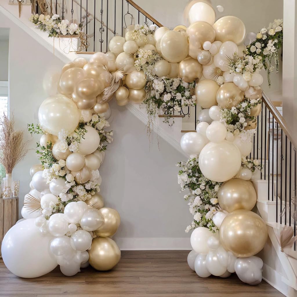 Pink White Gold Balloon Arch DOUBLE STUFFED Pearl Pink White Balloons for Birthday Baby Shower Wedding Bridal Party Decorations