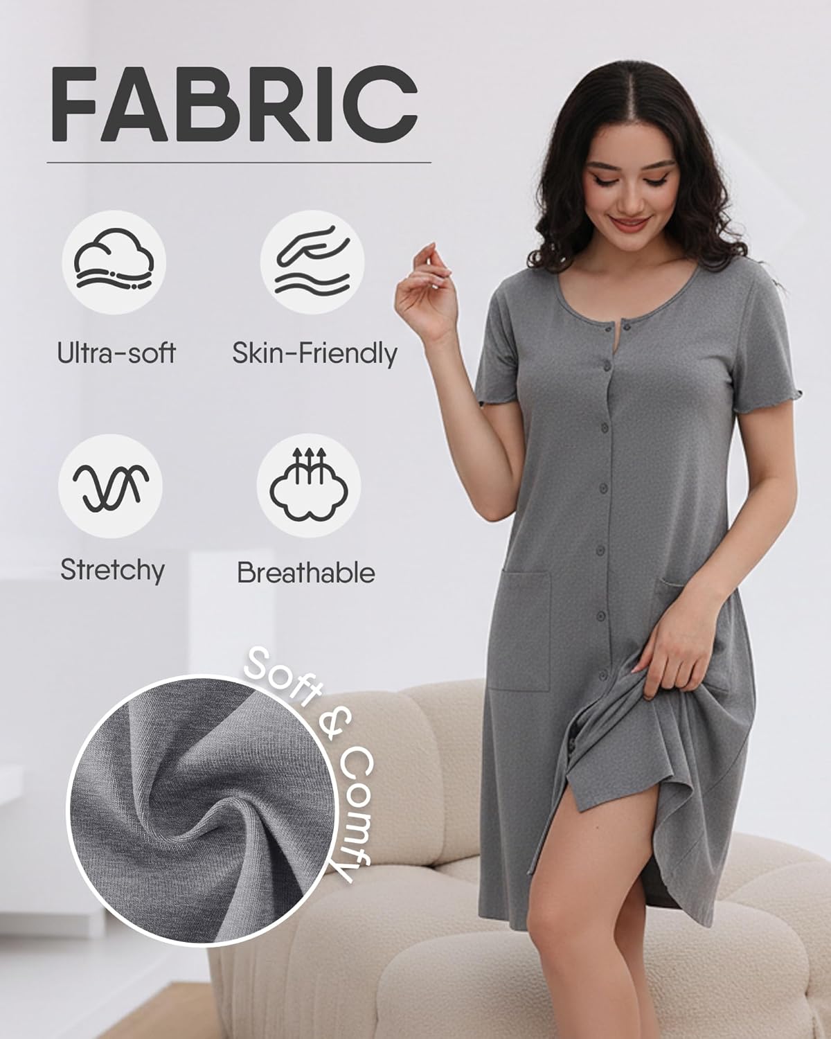 ZOOSIXX Nightgowns for Women - Short Sleeve Sleepwear Button Up Pajamas for Women V-Neck Sleepwear Dress with Pockets - Image 5