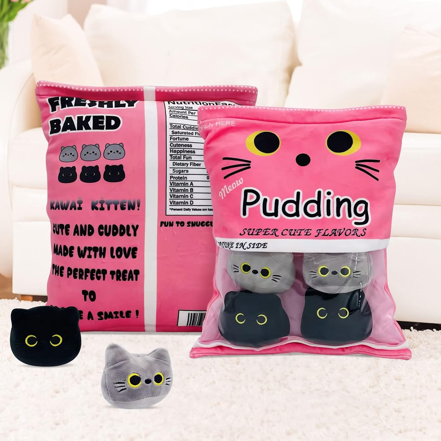 Cute Black Cat Plush Toy, Removable Stuffed Animal Plush Dolls, Soft Cute Gray Cat Plush Pillow Throw Pillow Home Decoration Gift for Kids Girls (6pcs a Bag, Pink)