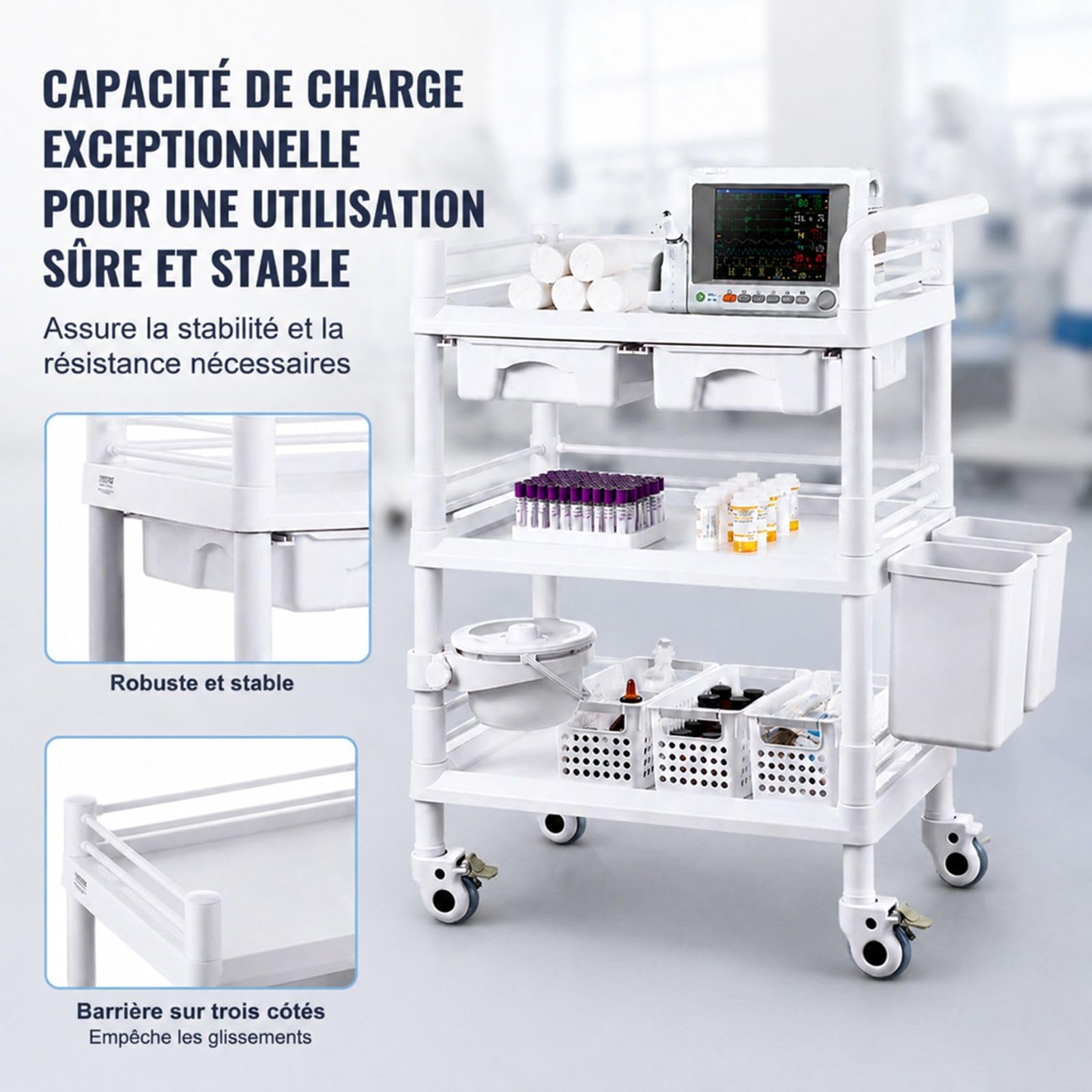 Chariot de Laboratoire Blanc à 3 Niveaux avec 3 poubelles pour Rangement et Transport