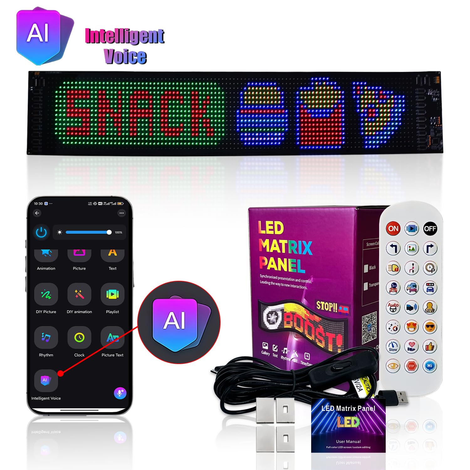 LED-Matrix-Display, flexibles Panel, Teufelsaugen-Licht für Auto-Windschutzscheibe, programmierbares LED-scrollendes Werbeschild mit Fernbedienung+APP+Sprachsteuerung, DIY-Muster-Animation (B3:595