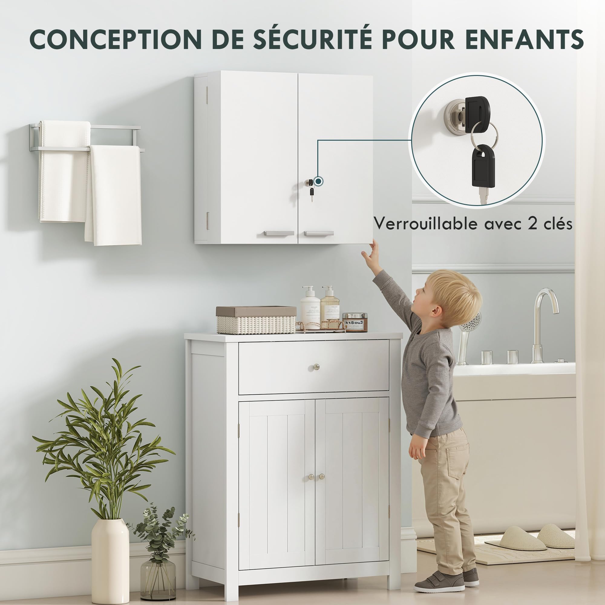 HOMCOM Armoire à Pharmacie Murale, Armoire à médicaments Murale à 4 étagères avec Double Porte verrouillable 2 clés, Meuble de Salle de Bain, Couloir, Salon, 53 x 20 x 53 cm, Blanc