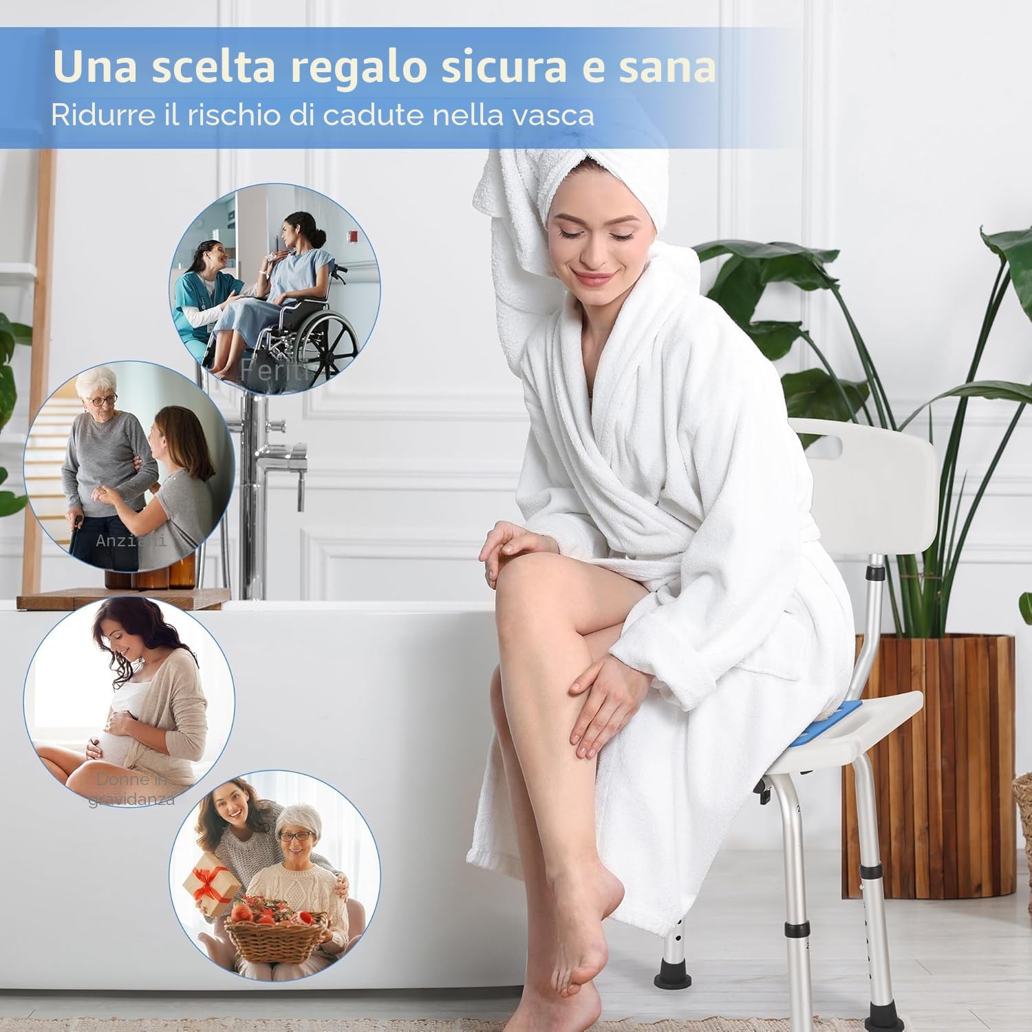 Careboda - Sedia da Bagno in Alluminio, 6 Altezze Regolabili, assemblaggio Senza Attrezzi, Cuscino Sedile per Doccia Interna, Antiscivolo per Sicurezza – Ideale per Anziani, disabili, Donne in Cinta.