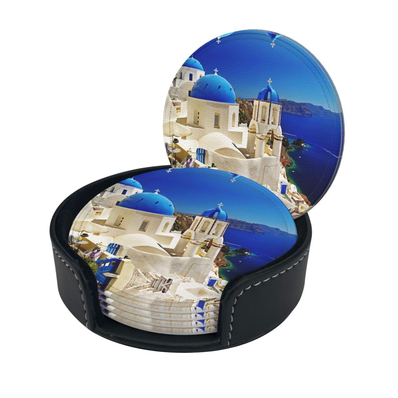 Santorini Greek Island Sea View Print Chic Round Leather Coasters â€“ Set Of 6 Full-Print Coasters In A Premium Pu Leather Storage Box