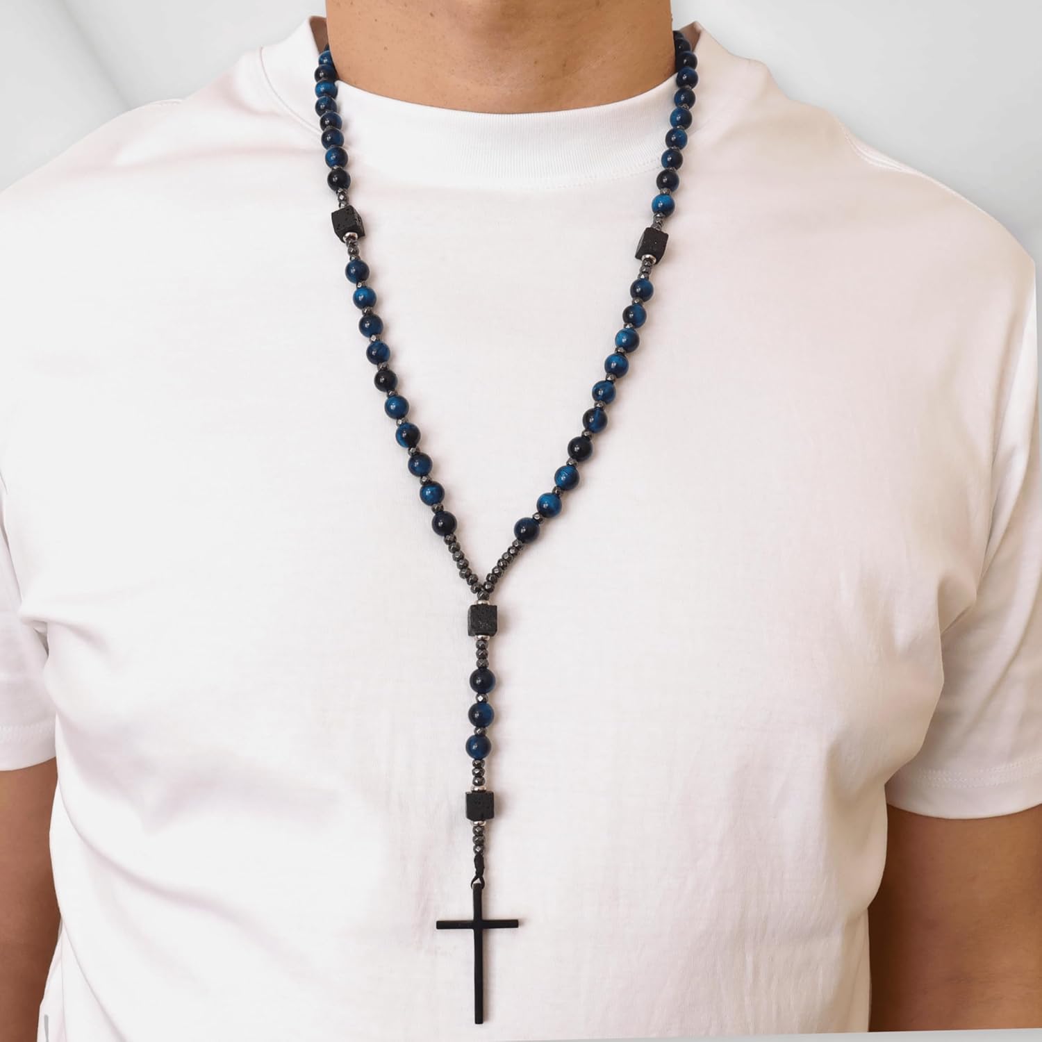 Nazareth Store Men's Rosary Necklace Black Onyx or Tiger Eye Beads with Black Alloy Cross, Catholic Christian Religious Jewelry, Gift for Him - Image 7