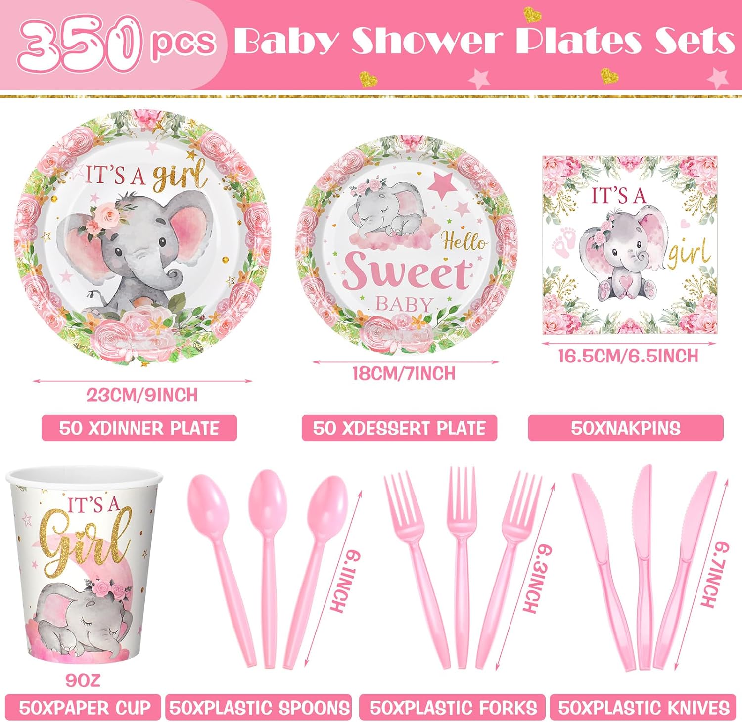 405 Pcs Pink Elephant Themed Baby Shower Tableware Set It's a Girl Pink Elephant Decoration Baby Shower Plates and Napkins Birthday Supplies Include Tablecloth Banner Cup for 50 Guests