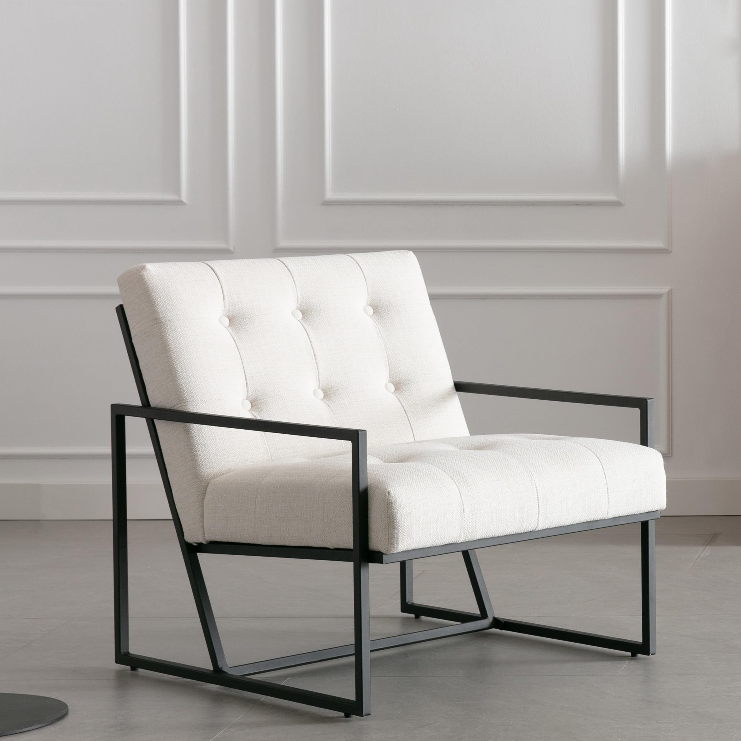 RIVOVA Upholstered Mid Century Accent Chair, Modern Linen Accent Arm Chair with Black Metal Base, Comfy Lounge Armchair with Thicken Cushion for Living Room, Bedroom, Beige