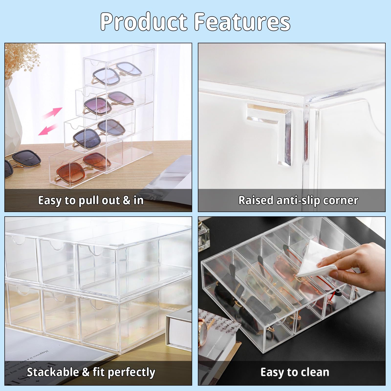 Organizzatore di Occhiali da Sole Eyeglasses Organiser Display Case Portaocchiali in Acrilico Trasparente Case 2 Pezzo con 8 Cassetti per Orologi, Collane, Occhiali e Cosmetici