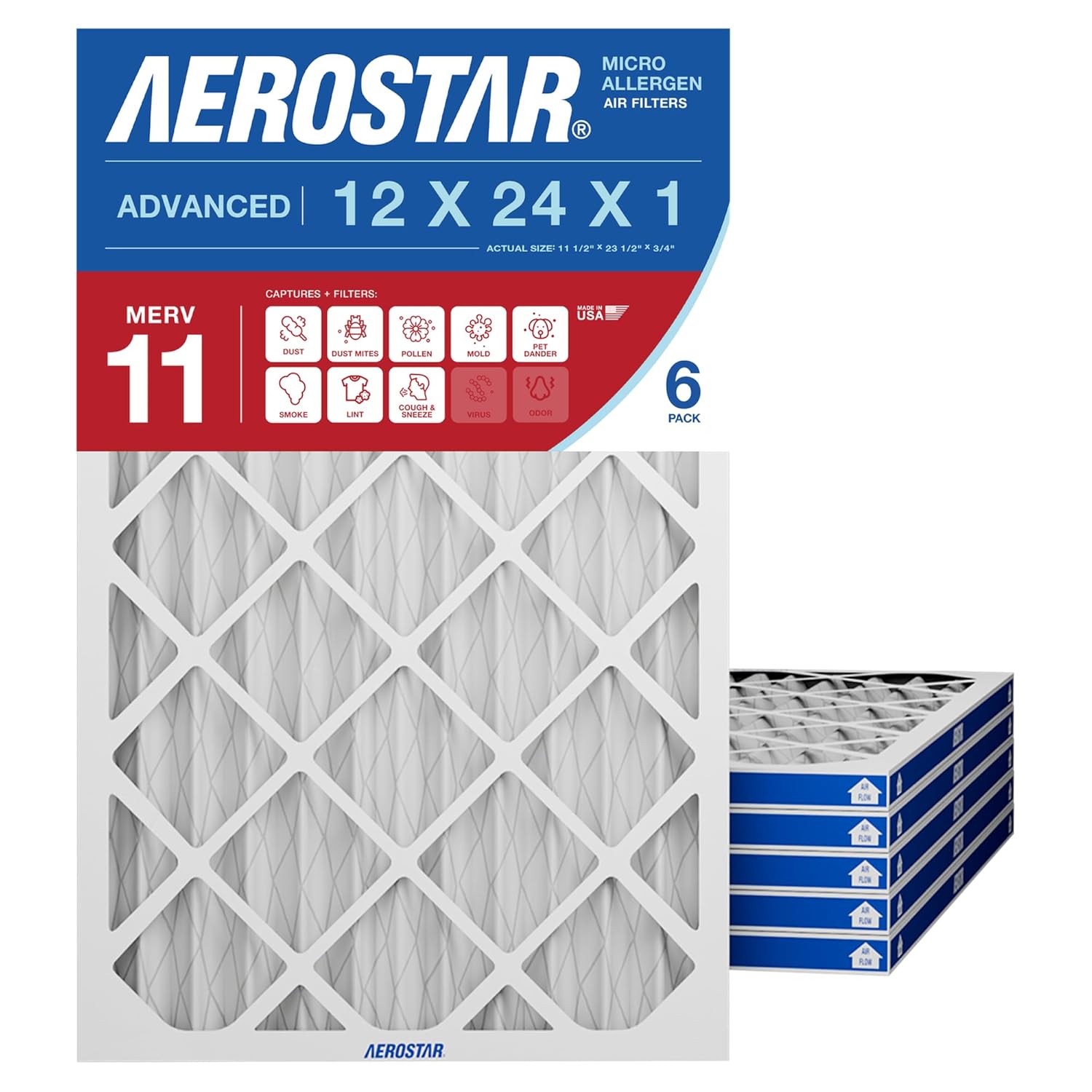 Aerostar 12x24x1 MERV 11 Air Filter, 6 Count, ACTUAL SIZE (11.75 x 23.75 x 0.75 ), HVAC, Air Conditioning & Furnace Filter for Dust, Pet Dander, Smoke & Allergies (MPR 1200 / FPR 7), Made in USA