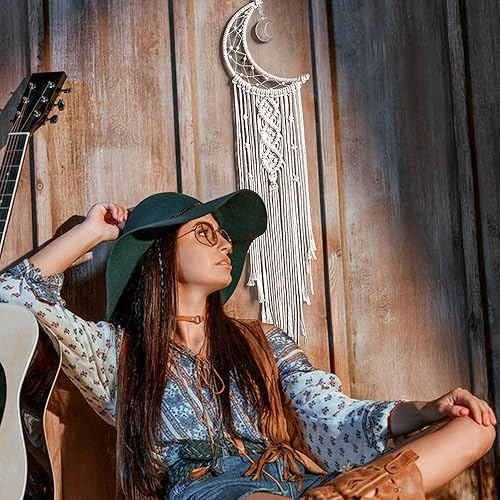 Miniatura 4 de MGahyi Atrapasueños de luna y estrella, atrapasueños tejido de macramé con luz, decoración bohemia para colgar en la pared, dormitorio, decoración