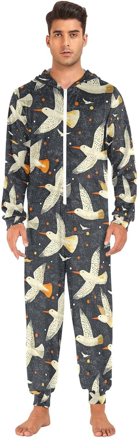 ALAZA Seabird Dot Nautical Coastal Adult Onesie Pajamas Novelty One Piece Costume Sleepwear Jumpsuits Matching PJS