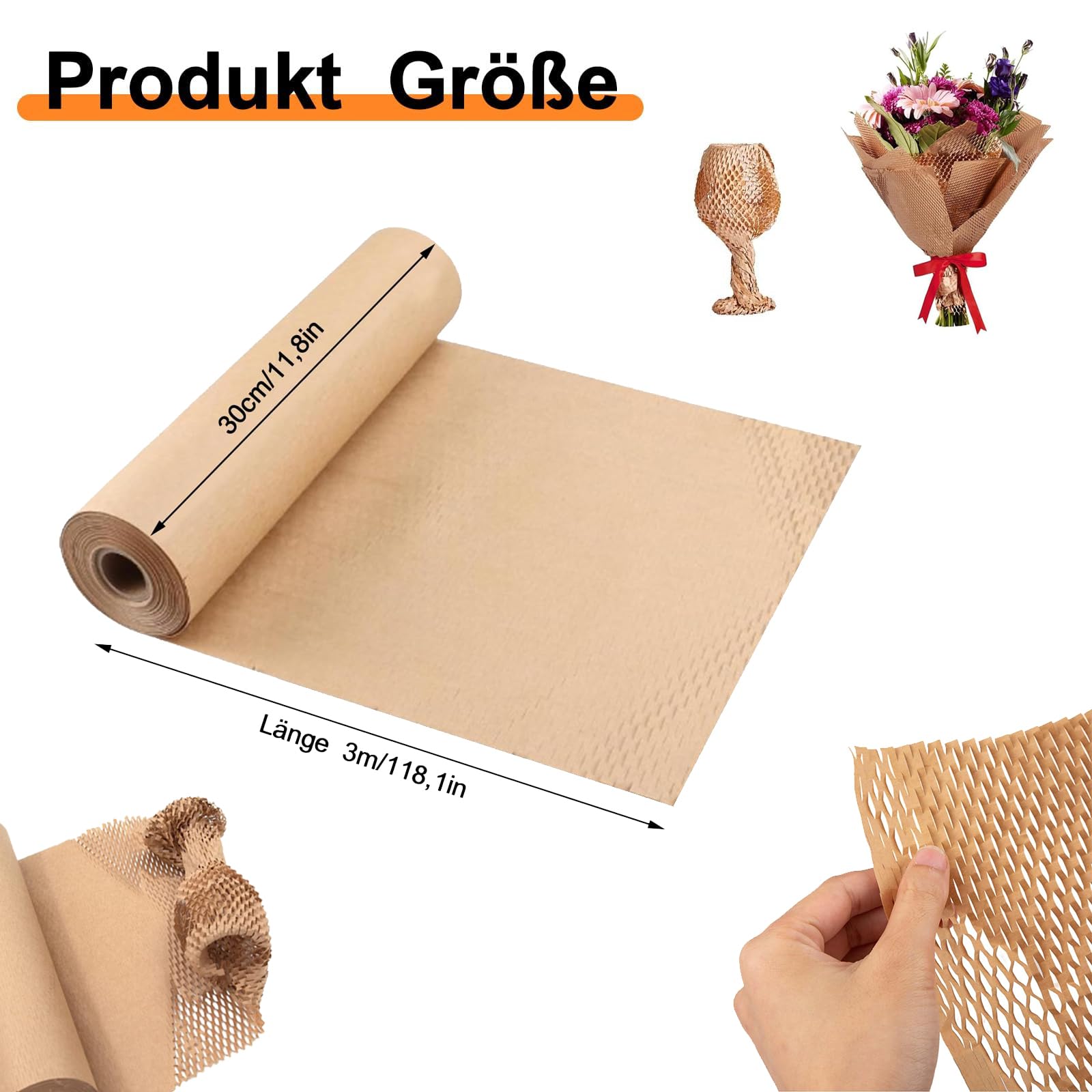Wabenpapier Verpackungsmaterial, Wabenpapier Rolle 30 cm x 30 M, Füllmaterial Verpackung, Braunes Wabenpapier, Kraftpapier Rolle,für Verpackung Lagerung und Versand Geschirr, Porzellan, Tassen