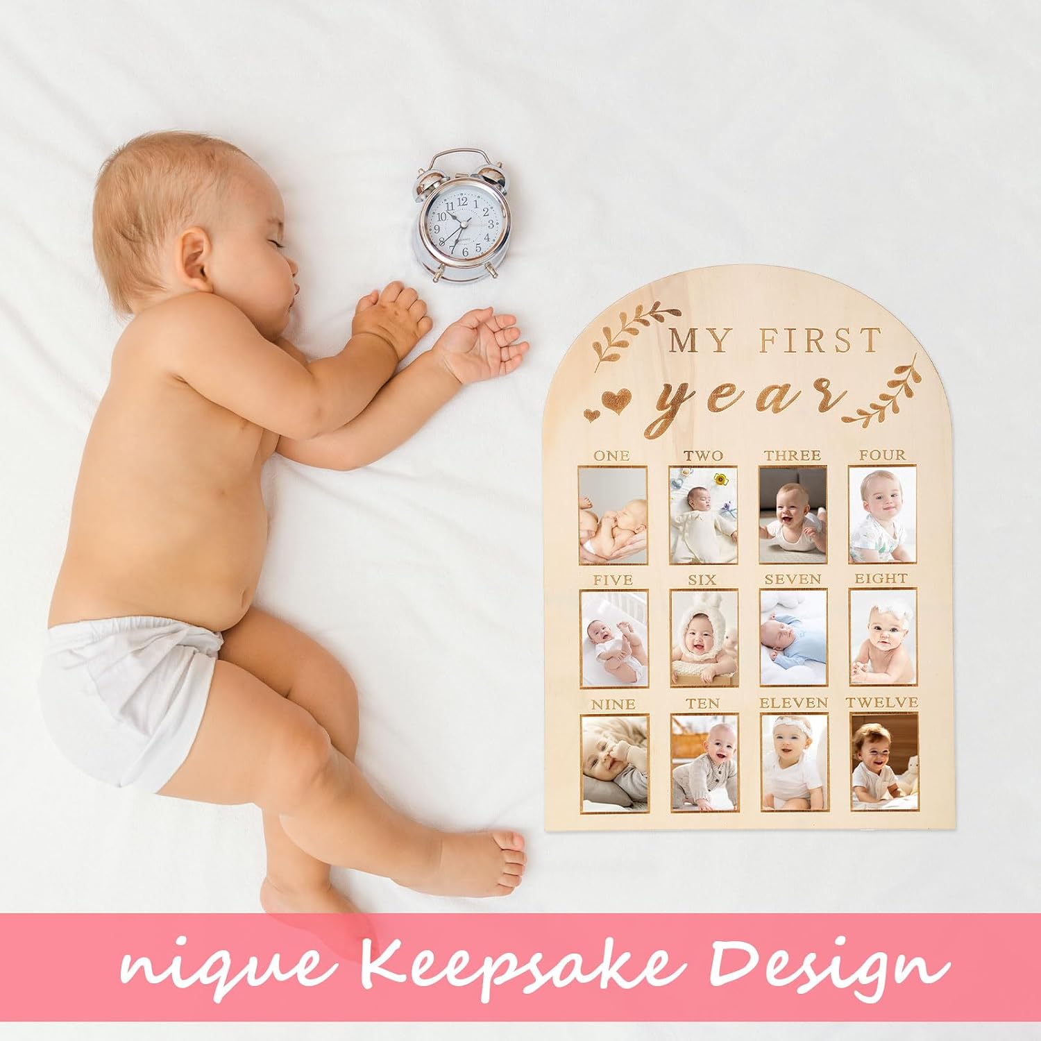 My First Year Photo Frame, My First Year Photo Board Wooden for 12 Month Picture, Baby Display Sign for Picture Frame Board for Baby Keepsake 1st Birthday Nursery Decor Gifts for Boy Girl, Simple