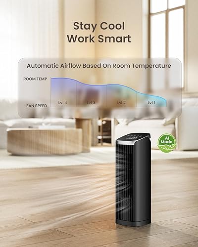 Miniatura 5 de Ventilador para dormitorio, ventilador de torre de 13 pulgadas con control remoto, 4 modos, 4 velocidades máximas de 24 piess, ventilador de