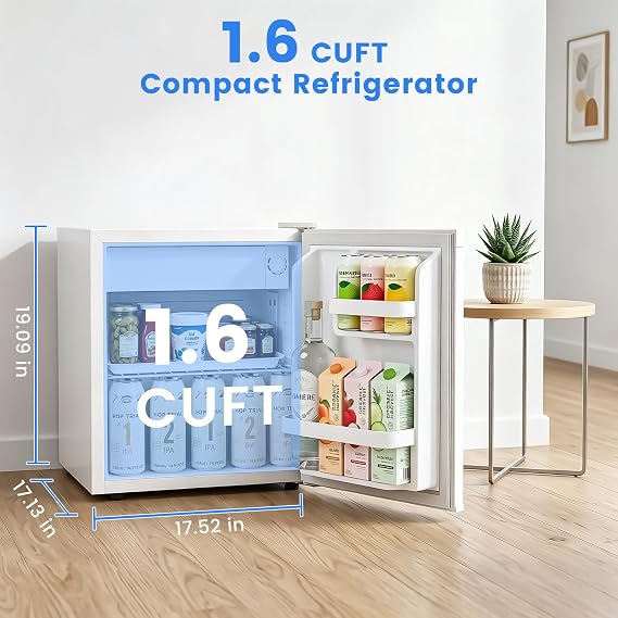 Antarctic Star Mini Fridge, Rated 1.6 cu.ft, Small Upright Refrigerator with Removable Shelves, 7 Adjustable Thermostat, Low Noise for Bedroom/Apartment/Office,White