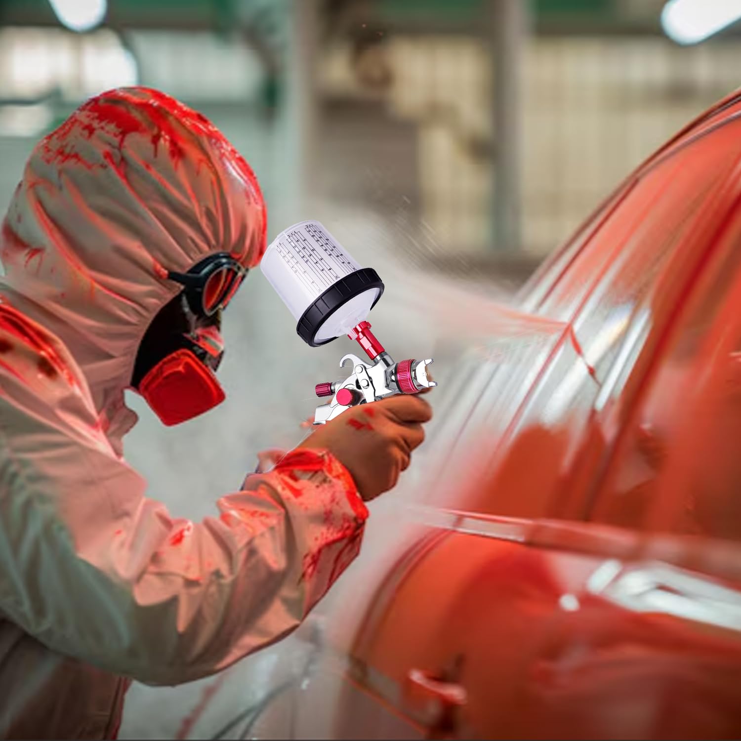 Pistola per Verniciare Pneumatica con 10 Tazze Colorate - Pistola a Spruzzo per Verniciare per Carrozzeria Auto, Kit Completo con 3 Ugelli e Manometro (Rosso)