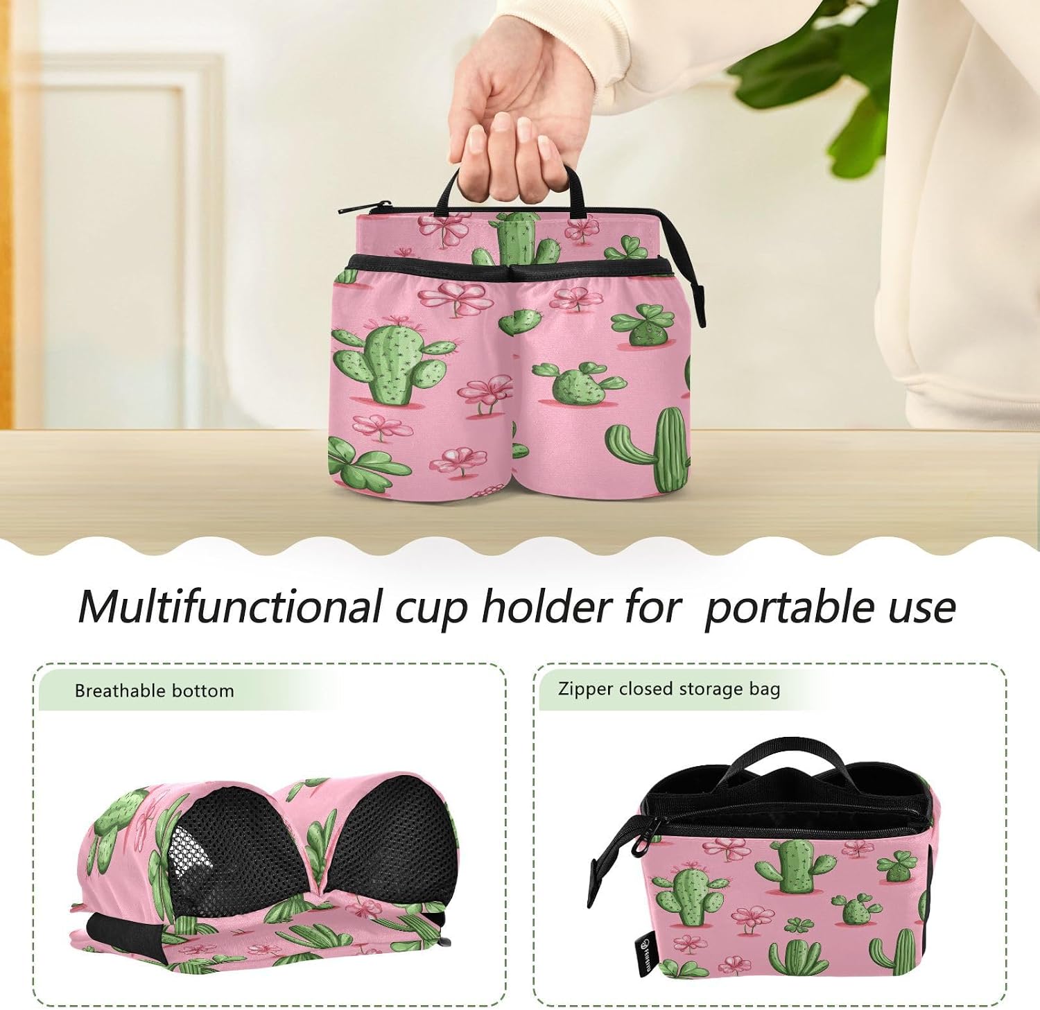 Pink Cacti Shamrock and Clovers Luggage Cup Holder Travel Portable Free Hand Drink Carrier Suitcase Drinks Beverage Holder Carry-On Bottle Mug Holder Organizer Bag Travelers Accessories image 4