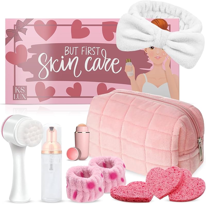 Kit de acessórios para cuidados faciais KS LUX, rosa, com bolsa, faixa, pulseiras, escova, frasco de 60 mL, rolo e esponjas