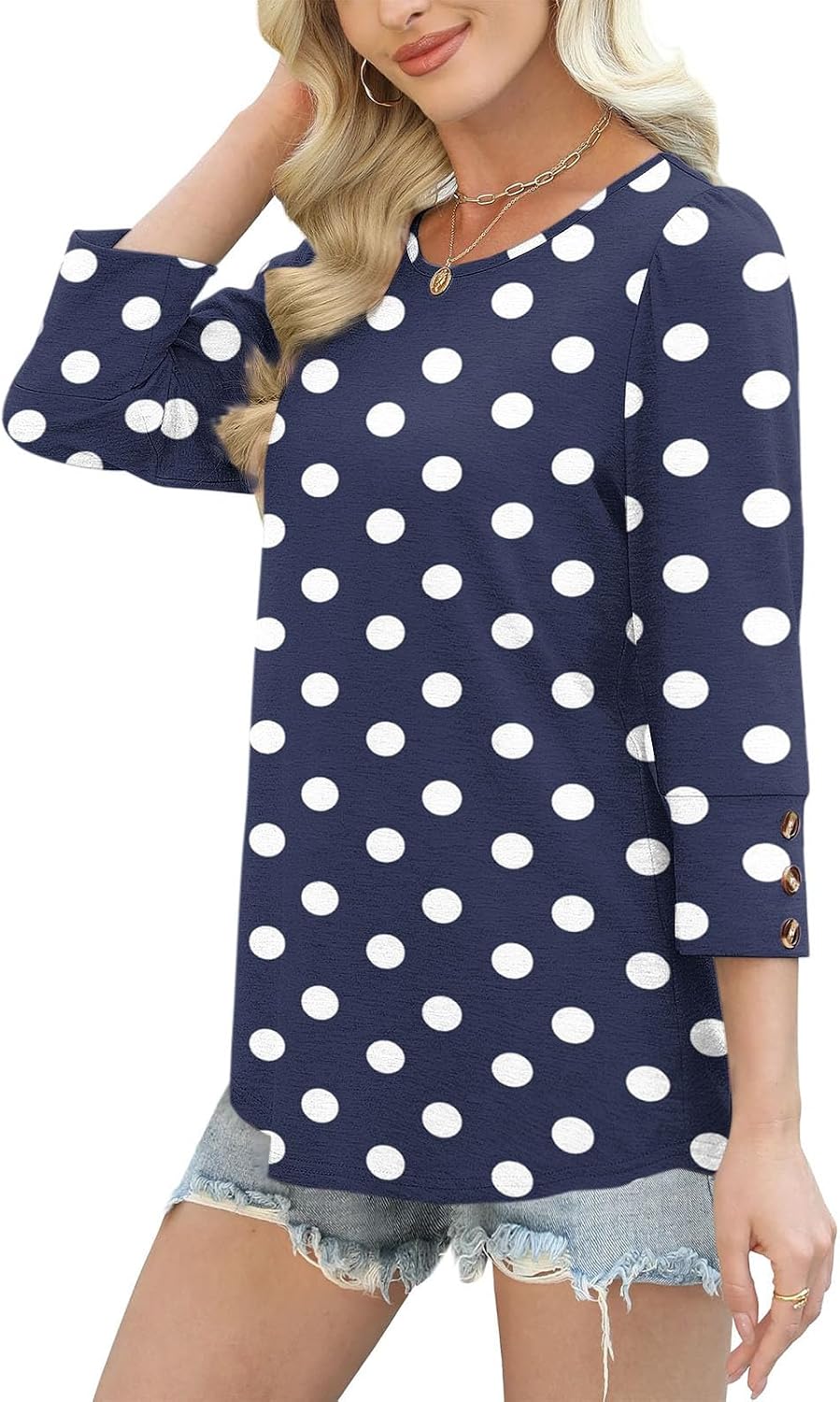 3/4 Sleeve Shirts for Women Polk Dot Printed Crewneck Business Casual Tops Loose Three Quarter Length Work Blouses