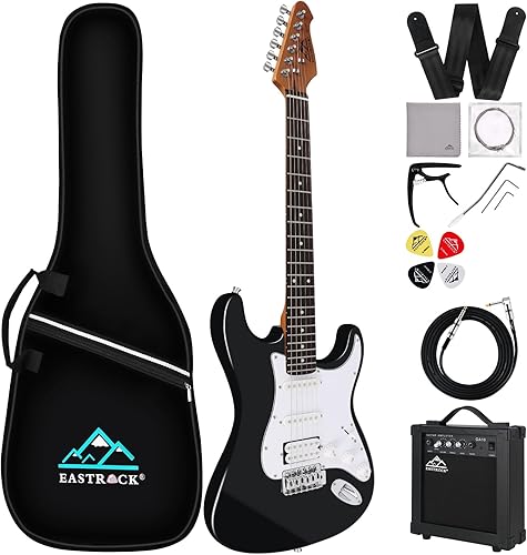 EASTROCK Kit de guitarra eléctrica Stratocaster de tamaño completo de 39 pulgadas para principiantes con amplificador de 10 W bolsa cejilla correa