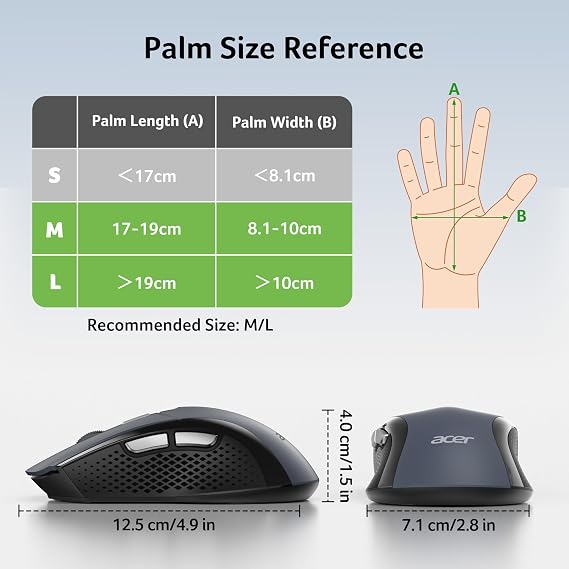 acer Wireless Mouse for Laptop, 2.4GHz Computer Mouse 5 Adjustable DPI Office Cordless USB Mice with USBA Receiver, 6 Buttons, 4000 DPI, Medium to Large Sized Hands Compatible with PC, Laptop, Desktop
