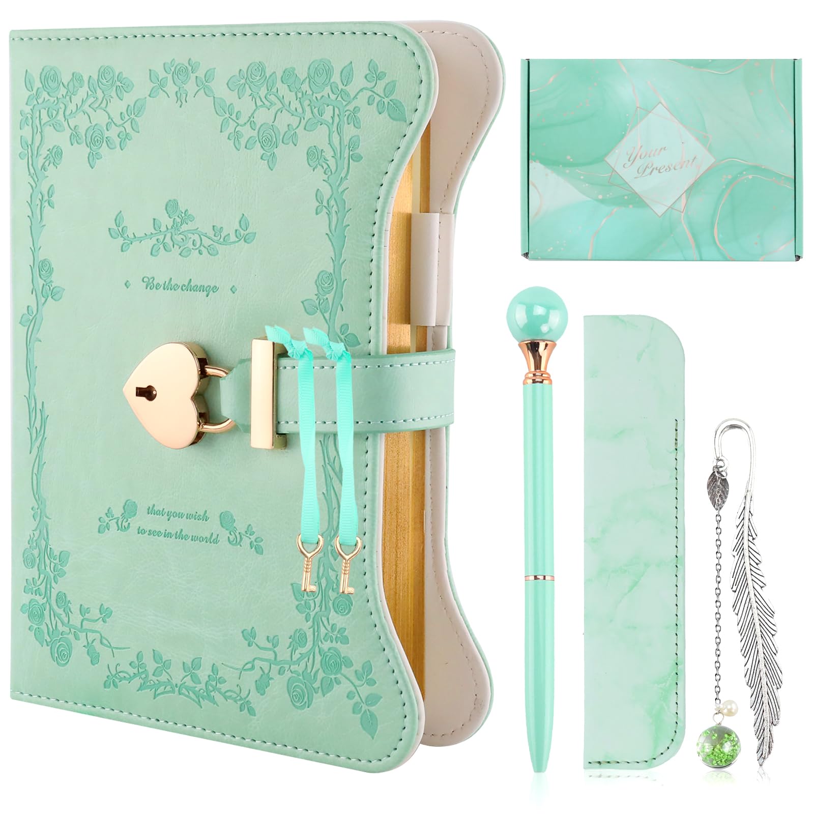 Lockable Journal for Girls Gift Set – Green Secret Notebook with Key Lock, Pen Pouch, Bookmark, Writing Set, 360 Pages Gold Edge Journal, Birthday Gifts for Girls Age 9 10 11 12 13 Teenage Presents — image 1