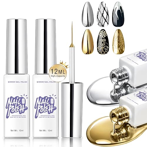 NewBang Esmalte de gel de uñas de pintura metálica de 2 x 0.4 fl oz, revestimiento cromado 3D, esmalte de arte de uñas, efecto espejo de metal