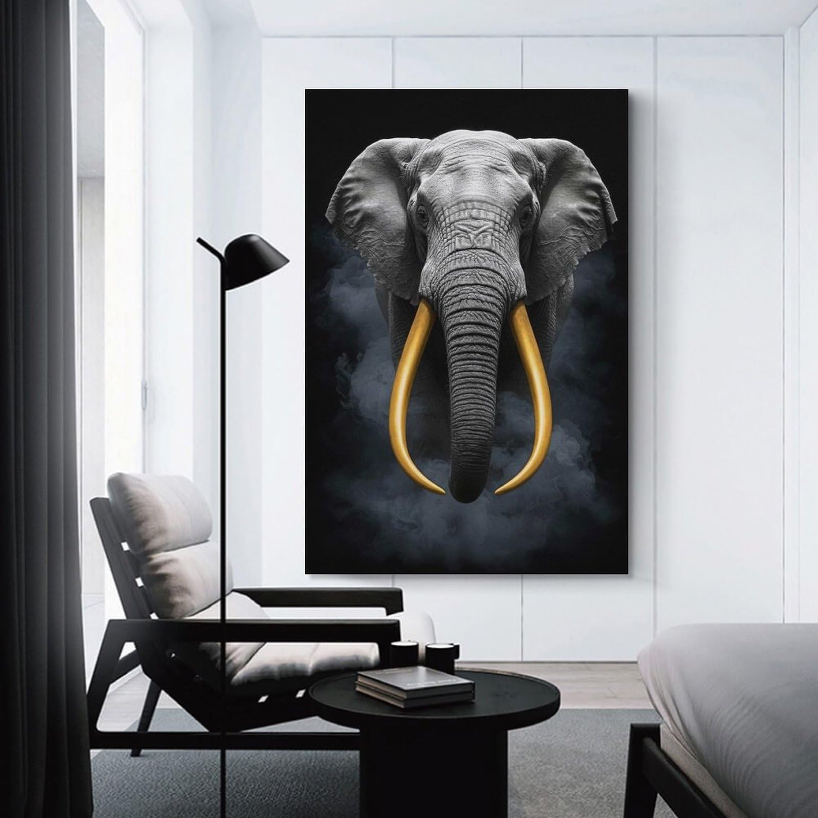Junmoney Decorative Canvas Print Elephant with Golden Tusks on Black, 24x36inch(60x90cm), for Home Office, Desk Area Or Studio, Home Office Artwork with Decorative Appeal